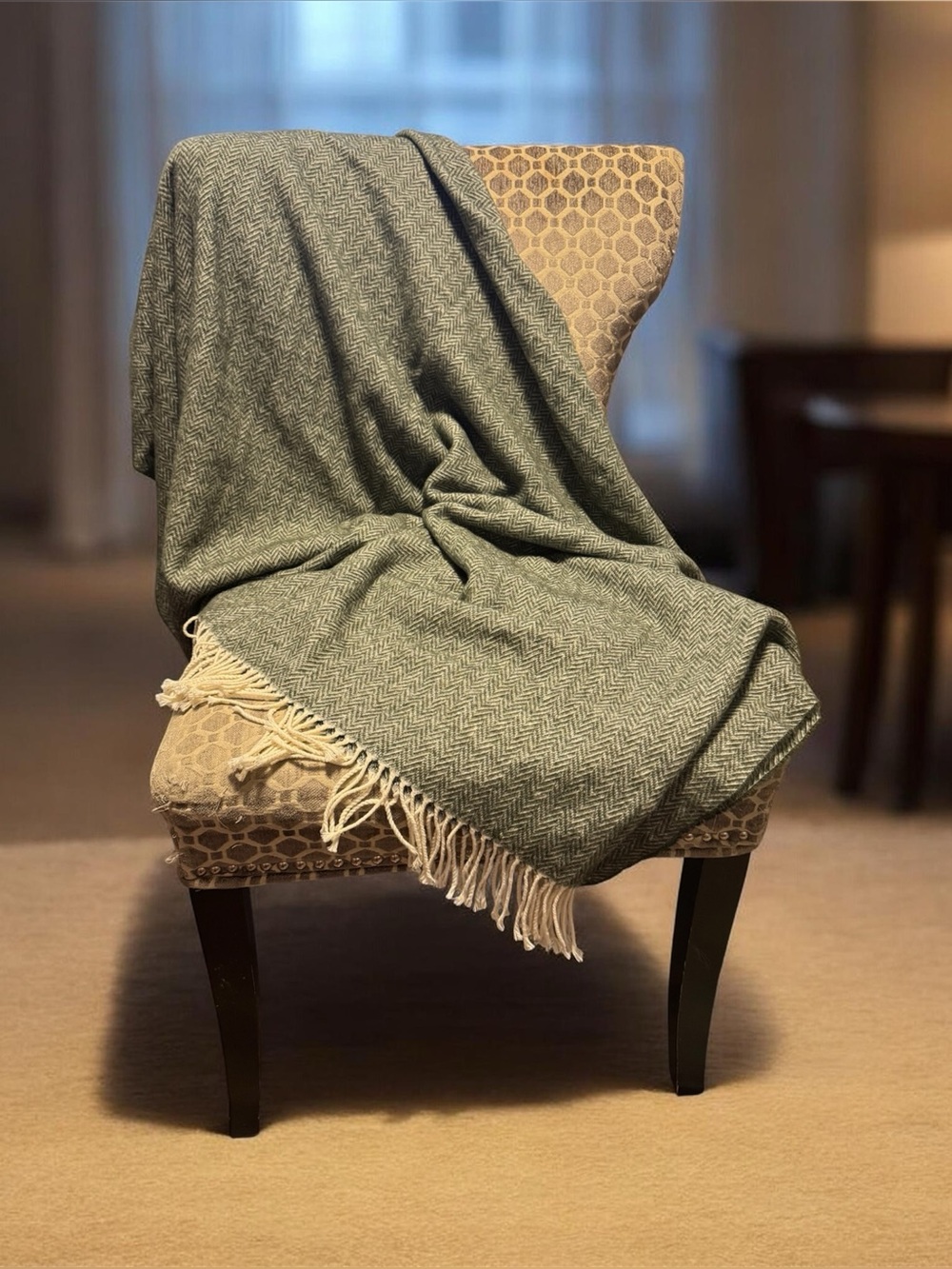 Nido Notte Italia Green Herringbone Fringe Wool Cotton Blend Throw Blanket